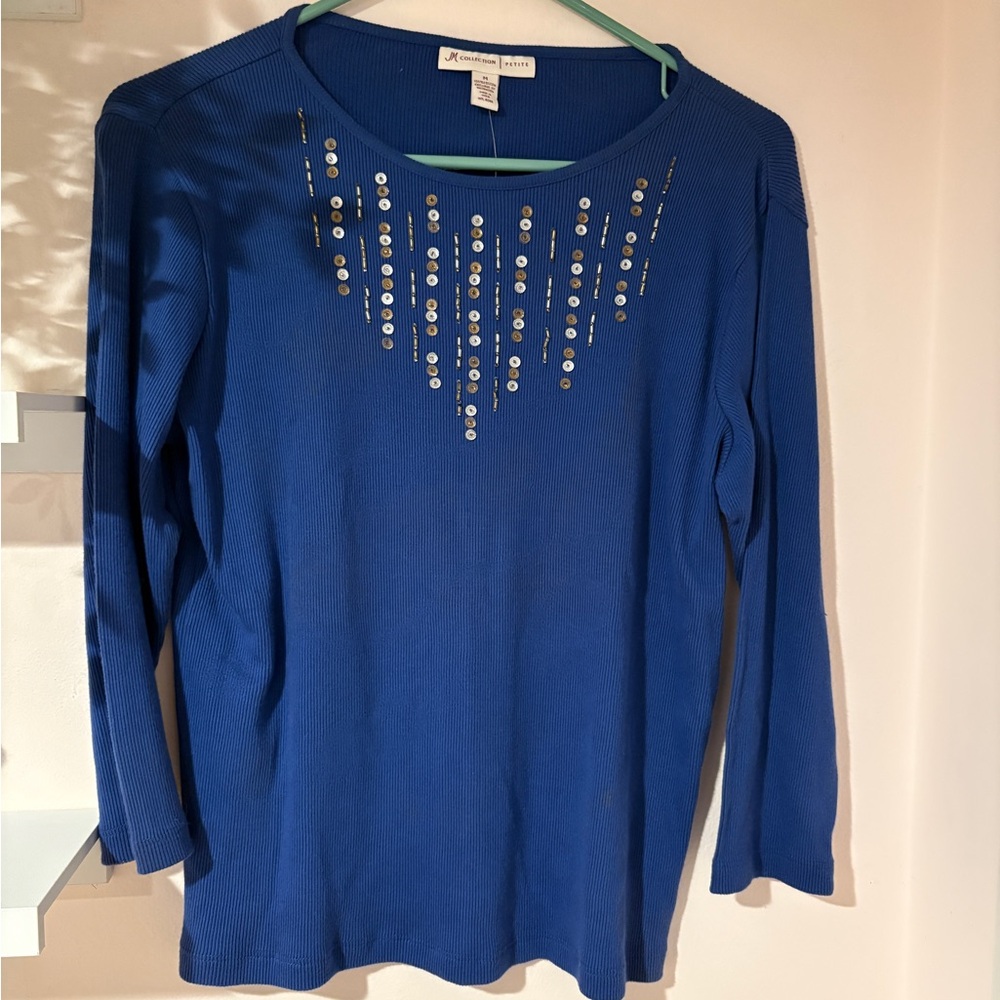 JM Collection Women’s Petite Blue Sequined 3/4 Sleeve Top Medium